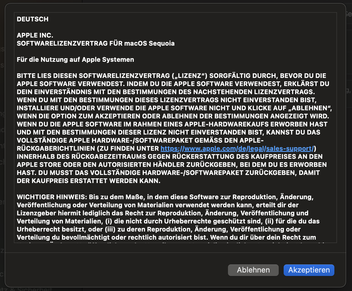 Dialogfenster beim Anfordern des Updates auf macOS Sequoia 15.7.5. Mit einem Klick auf "Akzeptieren" wird ein neuer Softwarelizenzvertrag akzeptiert.